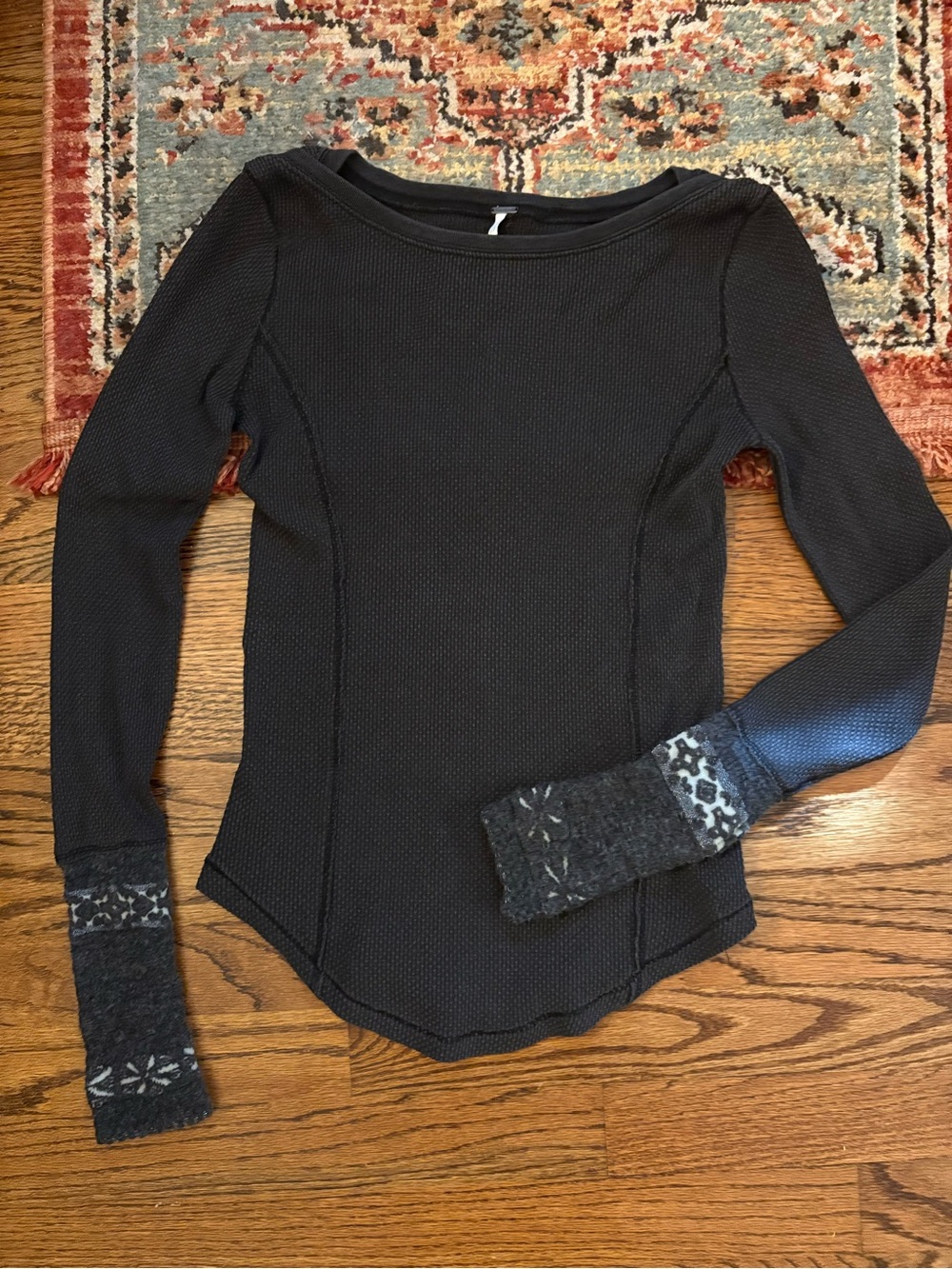 Free people long sleeve thermal waffle knit alpine cuff blouse size xs black